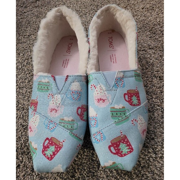Toms Shoes - Toms Size 8 Christmas Slipper Shoes Blue Glitter Hot Chocolate Winter Holiday